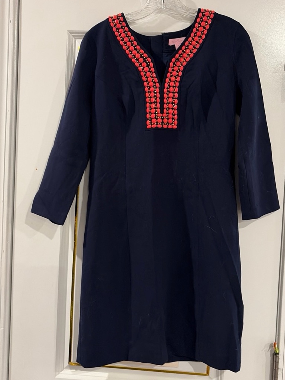 Lilly Pulitzer Navy Midi Dress with Coral Beaded Trim